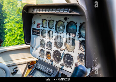Closeup of retro aviation, aircraft control panel dashboard. Stock Photo