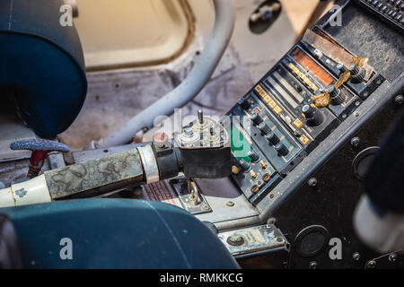 Closeup of retro aviation, aircraft control panel dashboard. Stock Photo