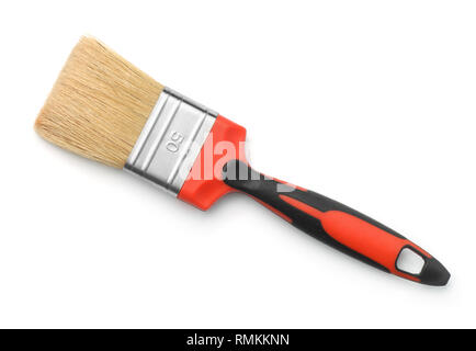 Top view of flat red handled paintbrush isolated on white Stock Photo