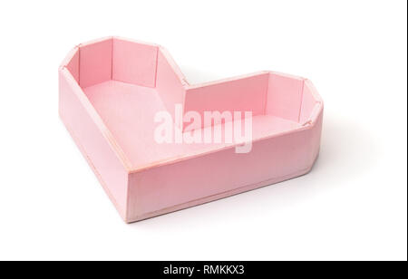 Pink heart shaped wooden tray isolated on white Stock Photo