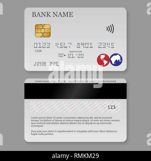Realistic detailed credit card. Front and back side template. Stock Vector