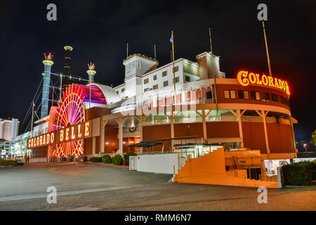 Laughlin, Nevada, United States of America - January 5, 2017. Exterior view of Colorado Belle hotel in Laughlin, NV, at night. Stock Photo