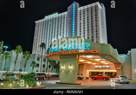 Laughlin, Nevada, United States of America - January 5, 2017. Exterior view of Edgewater hotel in Laughlin, NV, at night, with cars. Stock Photo