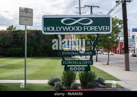 Los Angeles, California, United States of America - January 7, 2017. Sign at the entrance to Hollywood Forever Cemetery in Los Angeles, CA. Stock Photo