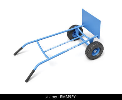 3d rendering of a blue hand truck with its handles down on a white background. Stock Photo
