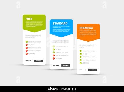 Product / service price comparison cards with description Stock Vector