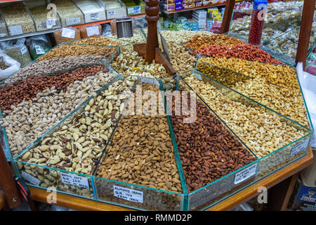 Doha, Qatar - November 5, 2016. Stalls of almonds and nuts at Souq Waqif market in Doha. Stock Photo