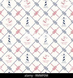 Hand-Drawn Diagonal Plaid with Sailing Ropes, Zeppelin Knots, Marine Landscape and Lightouses Vector Seamless Pattern. Blue and Red Nautical Marine Ba Stock Vector