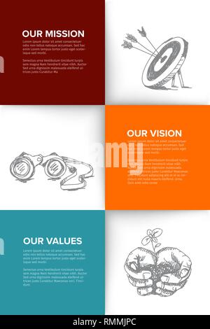 Company profile template - corporation main information presentation with mission, vision and values statement Stock Vector