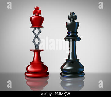 Secret weapon business success concept with a red chess king rising above a competitor leader with a hidden innovative tool as a metaphor for. Stock Photo