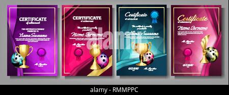 Bowling Game Certificate Diploma With Golden Cup Set Vector. Sport Award Template. Achievement Design. Honor Background. A4 Vertical. Champion. Best Stock Vector