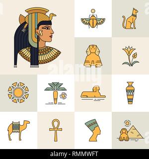 Isolated on white background set of icons and illustrations related to Egypt. Stock Vector