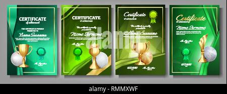 Golf Game Certificate Diploma With Golden Cup Set Vector. Sport Award Template. Achievement Design. Honor Background. A4 Vertical. Champion. Best Stock Vector