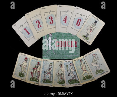 Full set of vintage cricket card game of GOOGLY by Smith & Hallam Ltd of London. Isolated on black background with cards fanned. Stock Photo