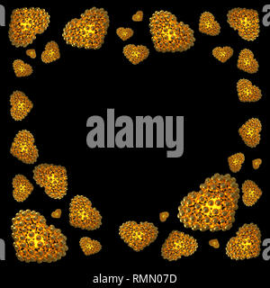 gold metal hearts made of spheres with reflections isolated on black background. Happy valentines day 3d illustration frame with copyspace. Stock Photo