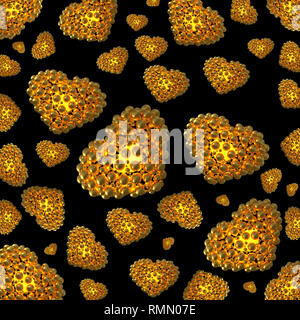 Gold metal hearts made of spheres with reflections isolated on black background. Happy valentines day 3d illustration. Stock Photo