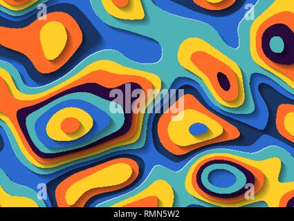 Abstract liquid paper cut background. Multicolored fluid lava stains. Geometric topography footprints Stock Vector