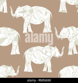 Seamless pattern with hand drawn elephant silhouettes vector illustration. Sage flowers on beige background. Stock Vector