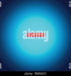 Technology digital concept futuristic blue neon radial light burst effect on dark background. Dots pattern elements circles halftone style. Vector ill Stock Vector