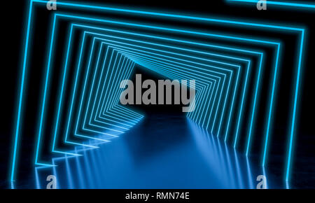 Rendering abstract futuristic background with a glowing neon blue ...