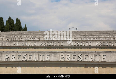 Redipuglia, GO, Italy - June 3, 2017: huge World War I memorial with text PRESENTE that means Present in Italian Language Stock Photo