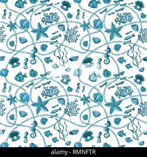 Seamless pattern with seashells, corals and starfishes. Marine background. Stock Vector