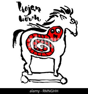 Trojan horse with worm inside. Computer virus symbol. Grunge dry brush vector illustration. Stock Vector