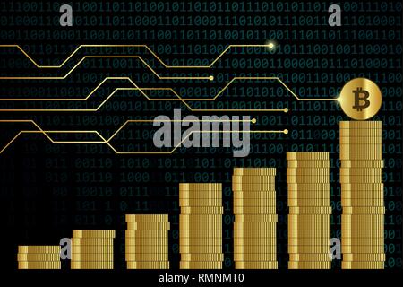 rising bitcoin course many golden digital coins with binary code background finance concept vector illustration EPS10
