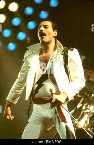 Singer, songwriter, pianist, guitarist Freddie Mercury of the rock band Queen is shown performing on stage at 'Rock In Rio 1' back in 1985. Stock Photo