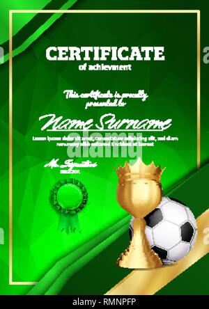 Soccer Certificate Diploma With Golden Cup Vector. Football. Sport Award Template. Achievement Design. Honor Background. A4 Vertical. Illustration Stock Vector