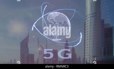 5G text with 3d hologram of the planet Earth against the backdrop of the modern metropolis Stock Photo