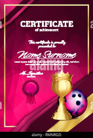 Bowling Certificate Diploma With Golden Cup Vector. Sport Award Template. Achievement Design. Honor Background. A4 Vertical. Illustration Stock Vector