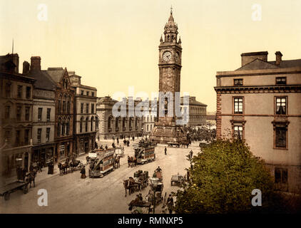 photomechanical print of high street and the albert memorial clock in belfast city centre in ireland around 1900 Stock Photo