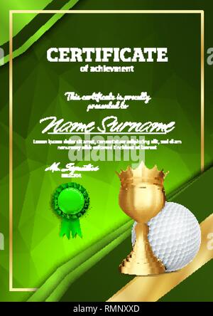 Golf Certificate Diploma With Golden Cup Vector. Sport Graduation. Elegant Document. Luxury Paper. A4 Vertical. Championship Illustration Stock Vector
