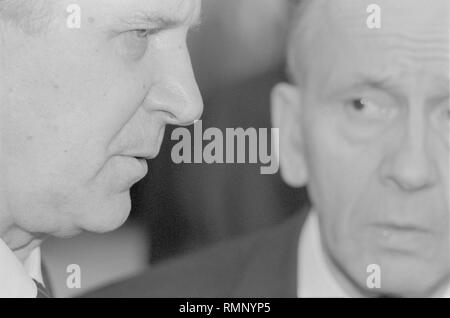 Moscow, USSR - August 23, 1991: Nikolai Ivanovich Ryzhkov and Stanislav Sergeevich Shatalin at extraordinary session of Supreme Soviet of people's deputies of the USSR Stock Photo