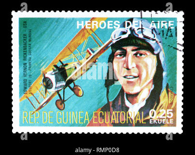 Cancelled postage stamp printed by Equatorial Guinea, that shows US pilot Edward Vernon Rickenbacker. Stock Photo