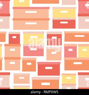 Storage boxes seamless vector pattern. Stacked cardboard storage boxes with closed lid background in coral yellow. Vector illustration closet organization. Tidy up. Declutter and tidying up concept. Stock Vector
