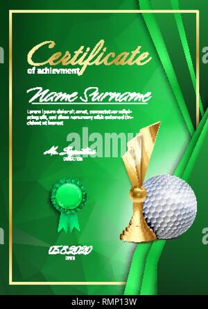 Golf Game Certificate Diploma With Golden Cup Vector. Sport Graduate Champion. Best Prize. Winner Trophy. A4 Vertical. Illustration Stock Vector