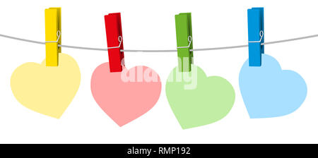 Four colored paper hearts and clothes pins on a clothes line rope - illustration on white background. Stock Photo