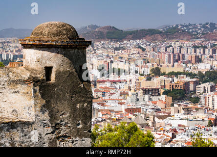 Outlook tower at Gibralfaro fortress, with view over rooftops of Malaga old town, Andalusia, Spain Stock Photo