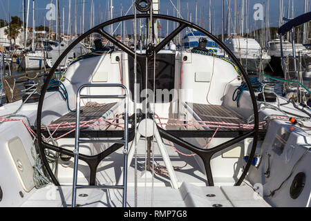 helm station on sailing boat in the dock Stock Photo