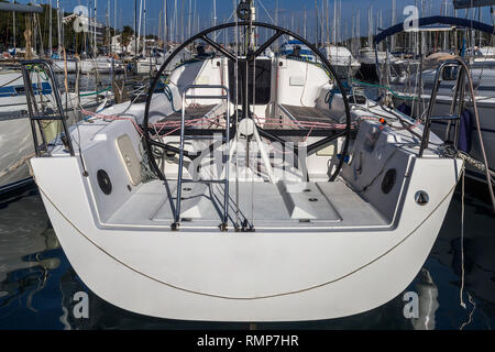 helm station on sailing boat in the dock Stock Photo