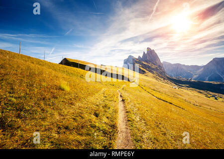 Great view on the  Odle - Geisler group. National Park valley Val Gardena. Dolomites, South Tyrol. Location Ortisei, S. Cristina and Selva Gardena, It Stock Photo