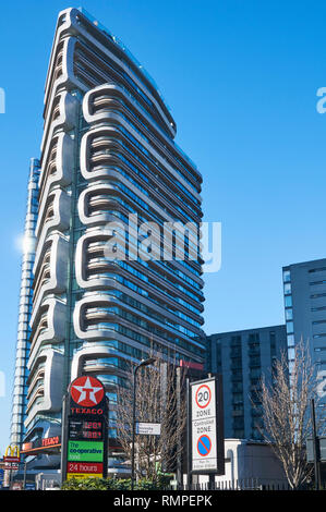 The new Canaletto Tower building on City Road, London EC1, with street signs in foreground Stock Photo