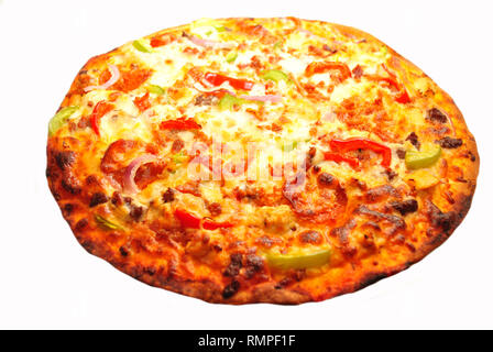 Baked Pepperoni, Peppers & Chicken Pizza Stock Photo