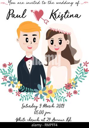 cute wedding card with couple in flower wreath Stock Vector