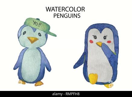 watercolor collection of cute hand drawn penguins Stock Vector