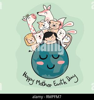 cute animals with a girl on the earth  mother earth day Stock Vector