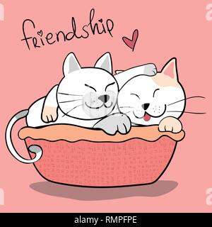 cute couple friendship cat hug each other on pink background Stock Vector