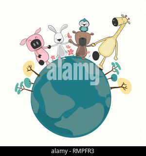 group of happy animals holding and walking on the earth Stock Vector